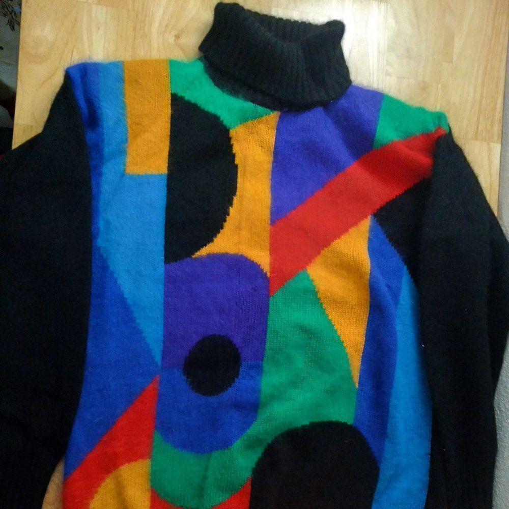 Vintage Rafaella Abstract Geometric Color Block Wool Turtleneck Sweater